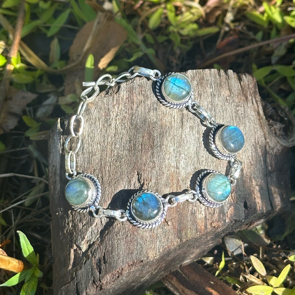 Labradorite Round Stone Sterling Silver Bracelet B